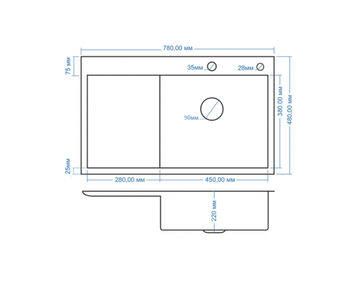 Мойка 78х48х23 крыло справа SATIN.толщина 3мм. Дозатор, коландер, сифон в комплекте ТМР