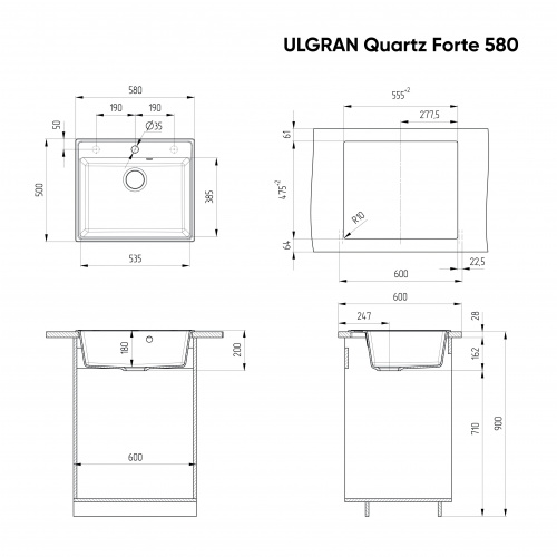 Мойка Ulgran QUARTZ FORTE 580-08, квадрат 580*500, космос