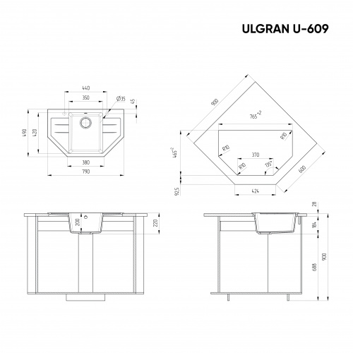 Мойка Ulgran U-609-309, угловая 780*485, темно-серый