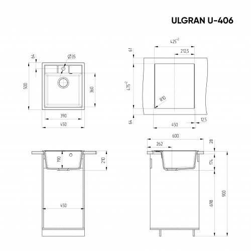 Мойка Ulgran U-406-343,квадрат 500*445, антрацит